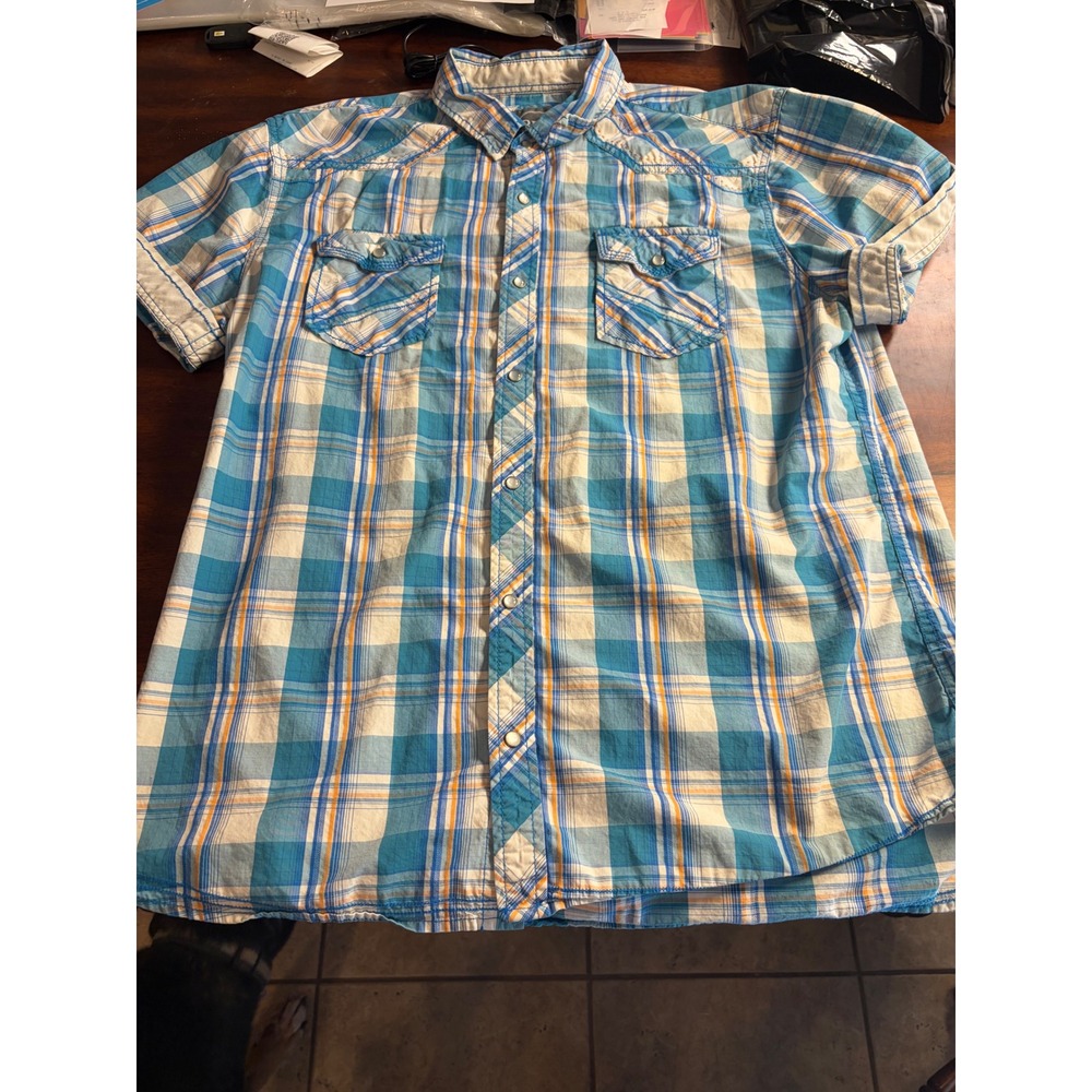 BKE Athletic Fit Mens XL Short Sleeve Pearl Snap Plaid Western Shirt Blue Orange